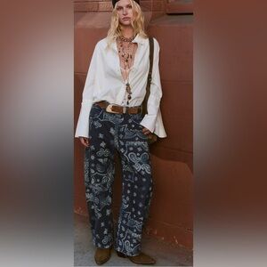 We the Free Good Luck Printed Barrel Jeans in Navy Bandana